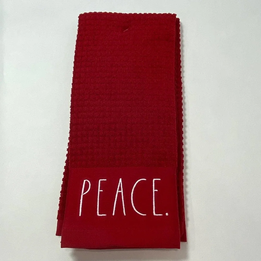 Rae Dunn JOY & PEACE Red Holiday Kitchen Towel Set‎ NEW